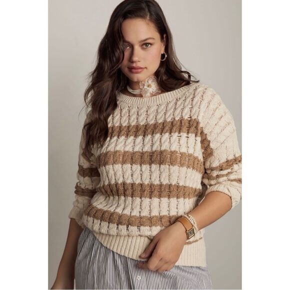 NEW Anthropologie Pilcro Camel Longline Stitch Striped Tunic Knit Sweater Small - Picture 5 of 8